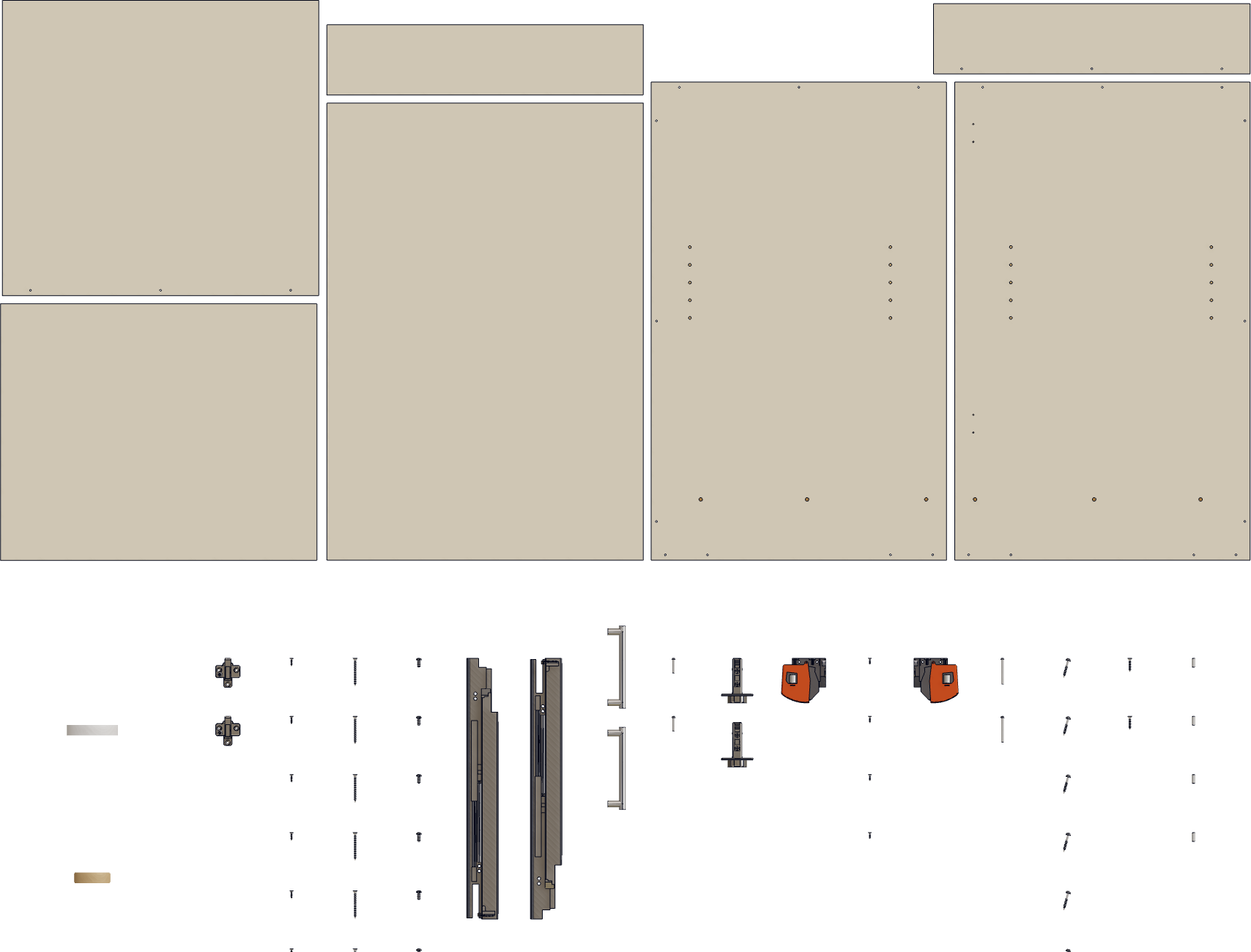 A cabinet's parts nested on a sheet with its hardware laid out beside them